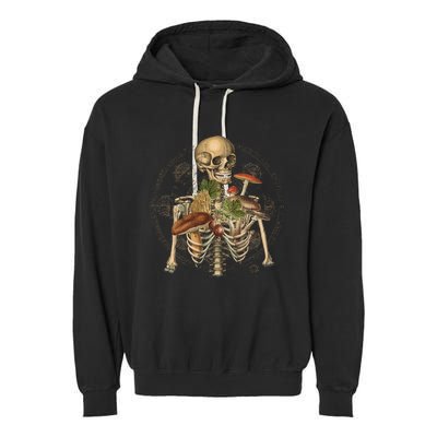 Goblincore Skeleton With Mushrooms Foraging Mycologist Fungi Garment-Dyed Fleece Hoodie