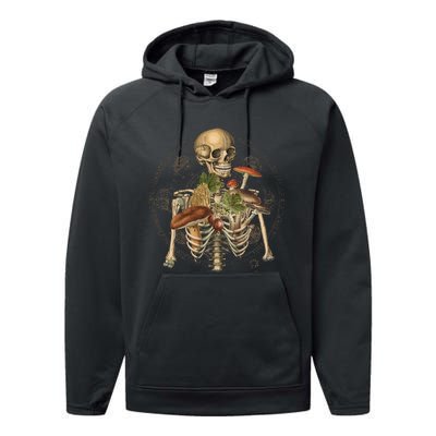 Goblincore Skeleton With Mushrooms Foraging Mycologist Fungi Performance Fleece Hoodie