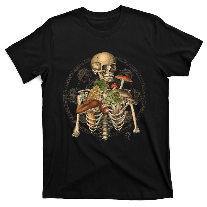 Goblincore Skeleton With Mushrooms Foraging Mycologist Fungi T-Shirt