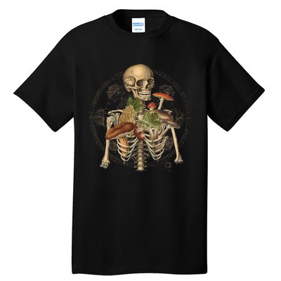 Goblincore Skeleton With Mushrooms Foraging Mycologist Fungi Tall T-Shirt