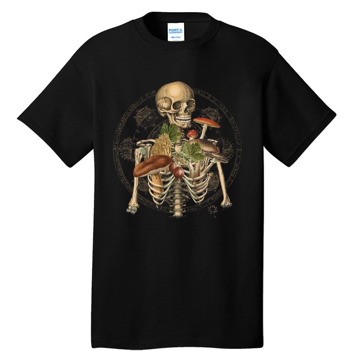 Goblincore Skeleton With Mushrooms Foraging Mycologist Fungi Tall T-Shirt