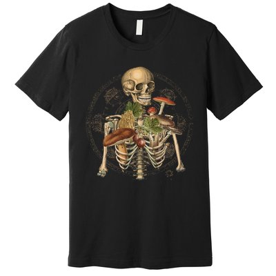 Goblincore Skeleton With Mushrooms Foraging Mycologist Fungi Premium T-Shirt