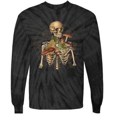 Goblincore Skeleton With Mushrooms Foraging Mycologist Fungi Tie-Dye Long Sleeve Shirt