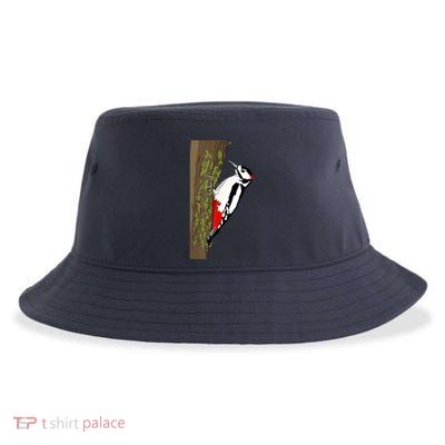 Great Spotted Woodpecker On Moss Covered Ree Birds Sustainable Bucket Hat