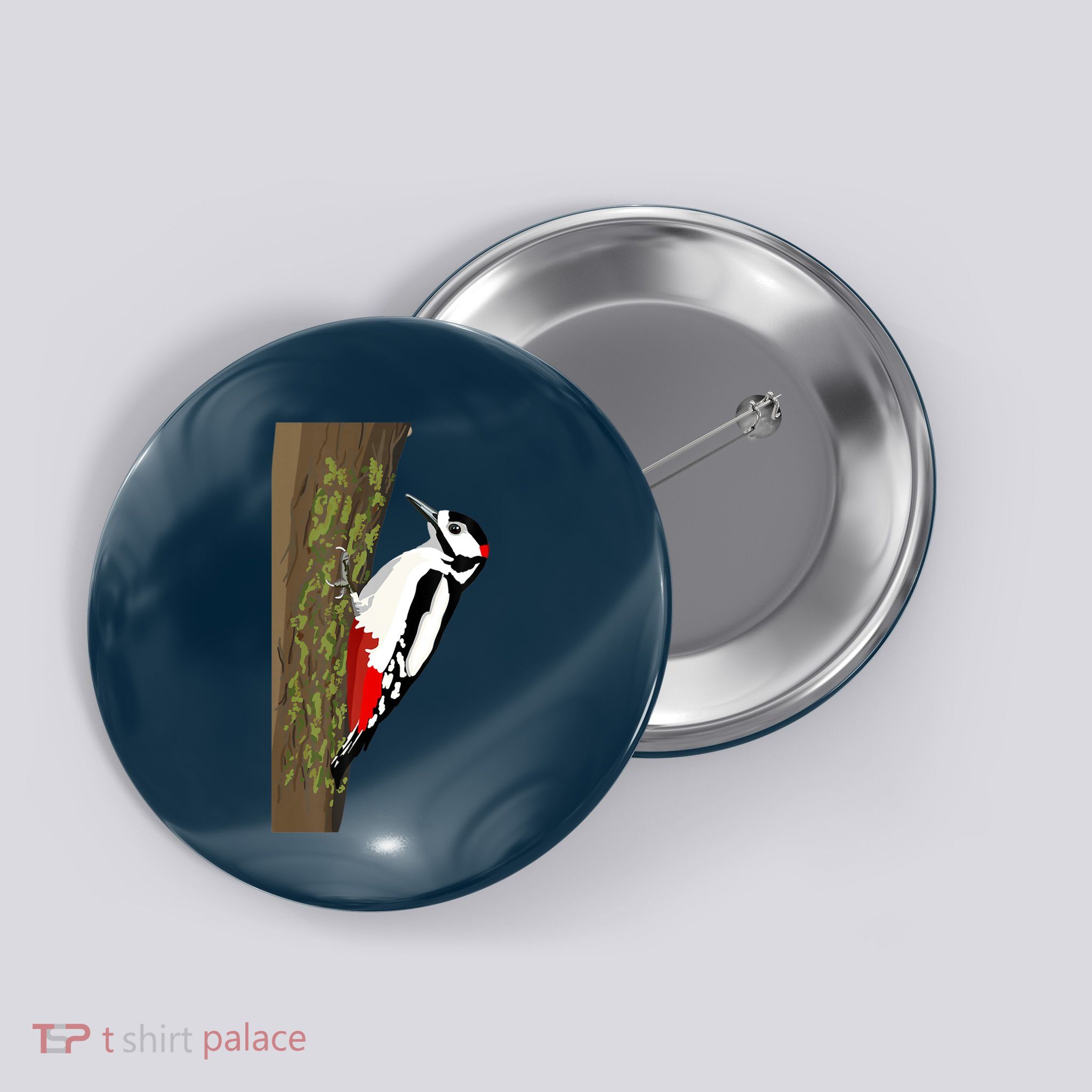 Great Spotted Woodpecker On Moss Covered Ree Birds Button