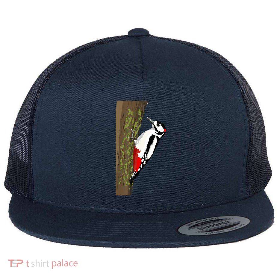 Great Spotted Woodpecker On Moss Covered Ree Birds Flatbill Hat