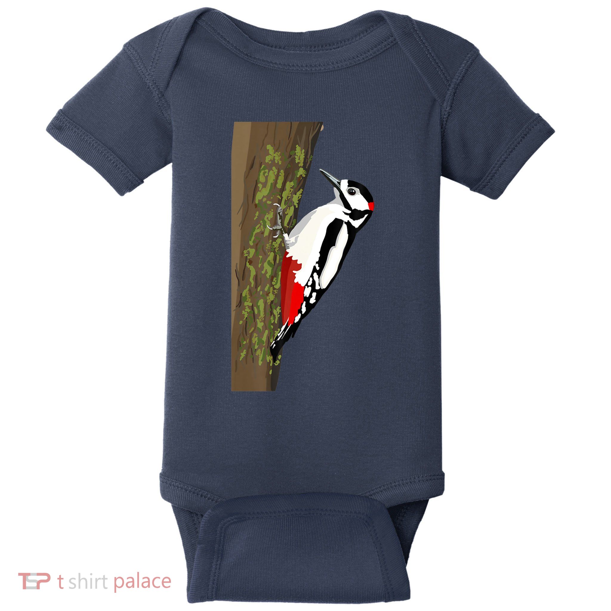 Great Spotted Woodpecker On Moss Covered Ree Birds Baby Bodysuit
