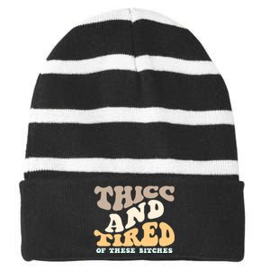 Groovy Thicc And Tired Of These Bitches Retro Wavy Striped Beanie with Solid Band