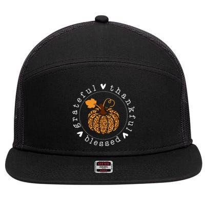 Grateful Thankful And Blessed Leopard Pumpkin Thanksgiving 7 Panel Mesh Trucker Snapback Hat