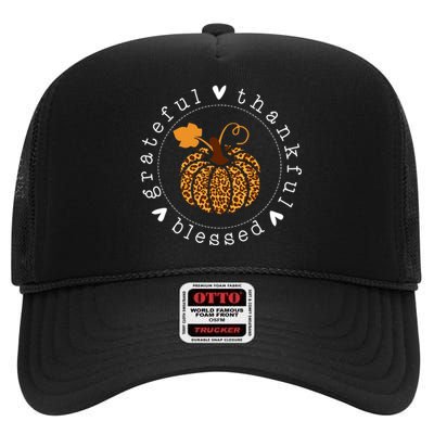 Grateful Thankful And Blessed Leopard Pumpkin Thanksgiving High Crown Mesh Back Trucker Hat