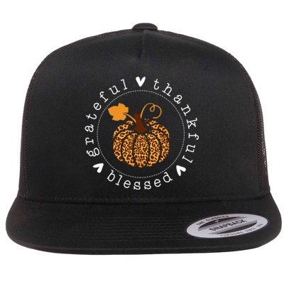 Grateful Thankful And Blessed Leopard Pumpkin Thanksgiving Flat Bill Trucker Hat