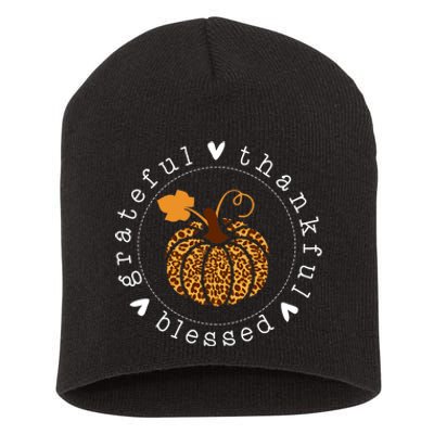 Grateful Thankful And Blessed Leopard Pumpkin Thanksgiving Short Acrylic Beanie