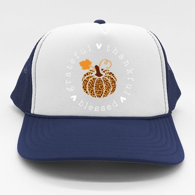 Grateful Thankful And Blessed Leopard Pumpkin Thanksgiving Trucker Hat