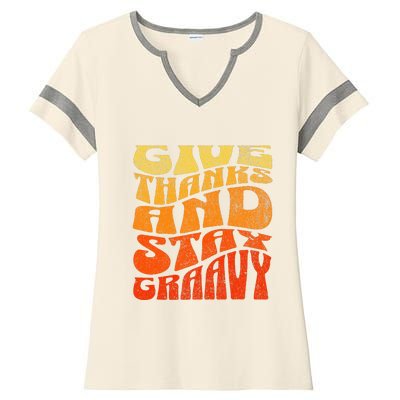 Give thanks and stay gravy retro groovy Thanksgiving Ladies Halftime Notch Neck Tee