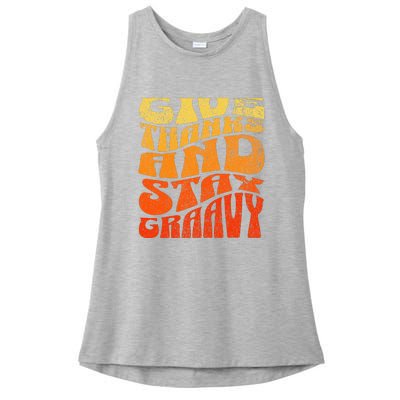 Give thanks and stay gravy retro groovy Thanksgiving Ladies PosiCharge Tri-Blend Wicking Tank