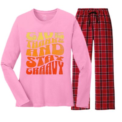 Give thanks and stay gravy retro groovy Thanksgiving Women's Long Sleeve Flannel Pajama Set 