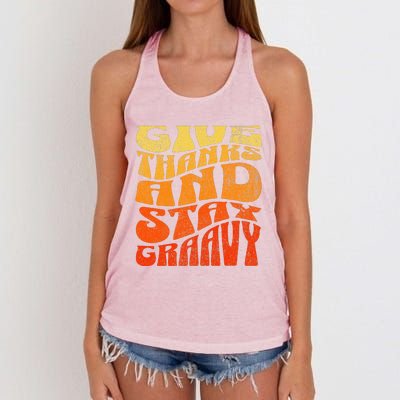 Give thanks and stay gravy retro groovy Thanksgiving Women's Knotted Racerback Tank