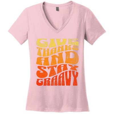 Give thanks and stay gravy retro groovy Thanksgiving Women's V-Neck T-Shirt