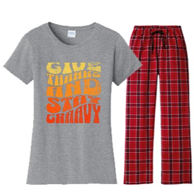 Give thanks and stay gravy retro groovy Thanksgiving Women's Flannel Pajama Set