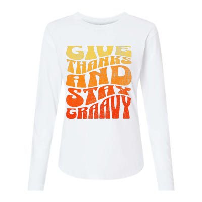 Give thanks and stay gravy retro groovy Thanksgiving Womens Cotton Relaxed Long Sleeve T-Shirt