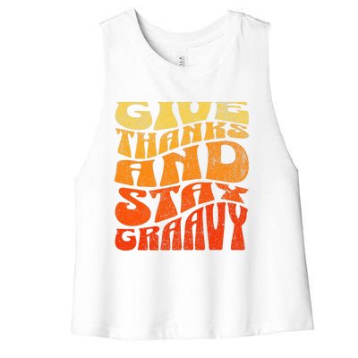 Give thanks and stay gravy retro groovy Thanksgiving Women's Racerback Cropped Tank