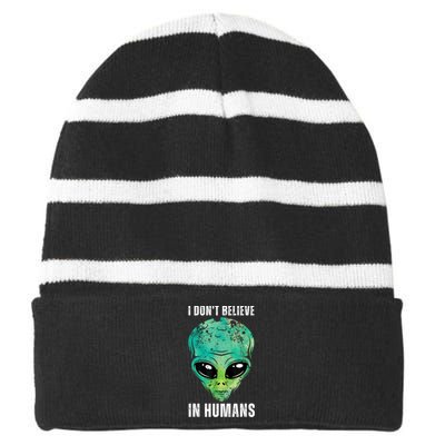 Green Turquoise Alien Face Halloween Costume Striped Beanie with Solid Band