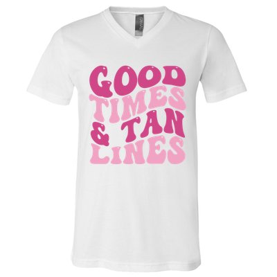 Good Times And Tan Lines Summer Groovy V-Neck T-Shirt