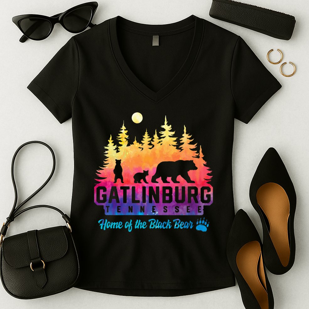 Gatlinburg Tennessee Bear Great Smoky Mountains Tie Dye Women's V-Neck T-Shirt