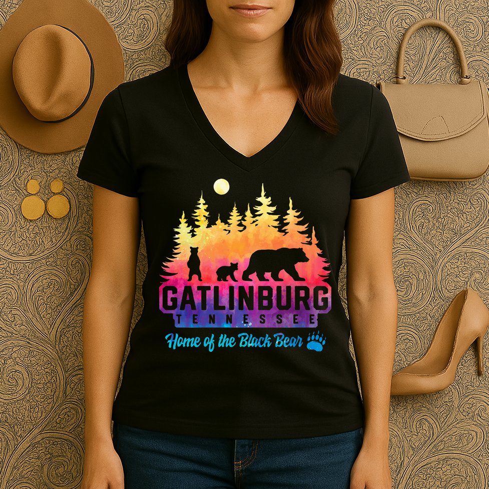 Gatlinburg Tennessee Bear Great Smoky Mountains Tie Dye Women's V-Neck T-Shirt