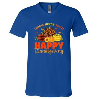 Grateful Thankful Blessed Leopard Pumpkin Funny Thanksgiving V-Neck T-Shirt