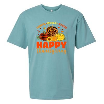 Grateful Thankful Blessed Leopard Pumpkin Funny Thanksgiving Sueded Cloud Jersey T-Shirt