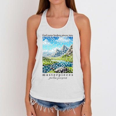 God Turn Broken Pieces Into Masterpieces Christian Bible Women's Knotted Racerback Tank