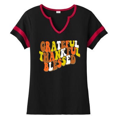 Grateful Thankful Blessed Retro Thanksgiving Ladies Halftime Notch Neck Tee