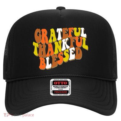 Grateful Thankful Blessed Retro Thanksgiving High Crown Mesh Back Trucker Hat