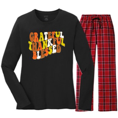 Grateful Thankful Blessed Retro Thanksgiving Women's Long Sleeve Flannel Pajama Set 