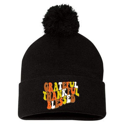 Grateful Thankful Blessed Retro Thanksgiving Pom Pom 12in Knit Beanie