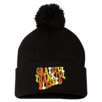 Grateful Thankful Blessed Retro Thanksgiving Pom Pom 12in Knit Beanie