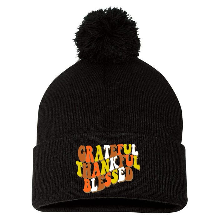 Grateful Thankful Blessed Retro Thanksgiving Pom Pom 12in Knit Beanie