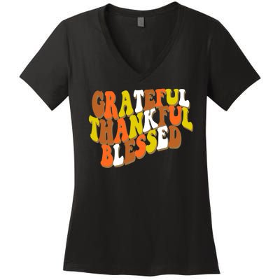 Grateful Thankful Blessed Retro Thanksgiving Women's V-Neck T-Shirt