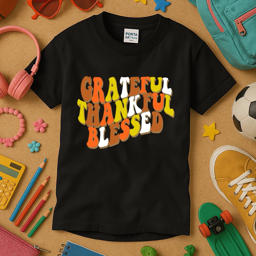 Grateful Thankful Blessed Retro Thanksgiving Kids T-Shirt