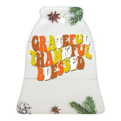 Grateful Thankful Blessed Retro Thanksgiving Ceramic Bell Ornament