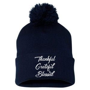 Grateful Thankful & Blessed Thanksgiving Pom Pom 12in Knit Beanie