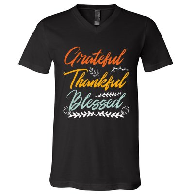 Grateful Thankful Blessed Thanksgiving V-Neck T-Shirt