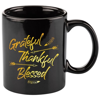 Grateful Thankful Blessed Gold Thanksgiving Day Gift 11oz C Handle Ceramic Mug