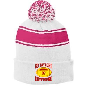 Go Taylors Boyfriend Football Stripe Pom Pom Beanie