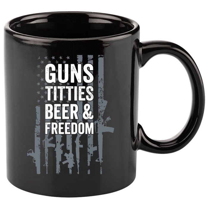 Guns Titties Beer & Freedom Funny Drinking USA Flag 11oz C Handle Ceramic Mug