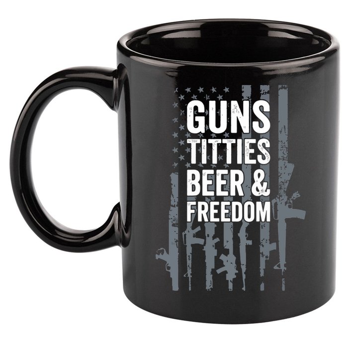Guns Titties Beer & Freedom Funny Drinking USA Flag 11oz C Handle Ceramic Mug