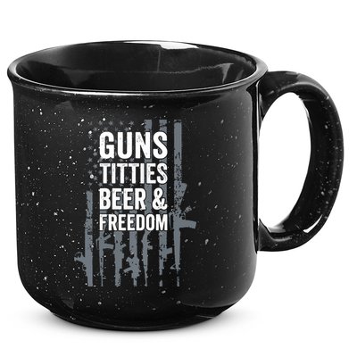 Guns Titties Beer & Freedom Funny Drinking USA Flag 15oz Campfire Ceramic Mug