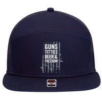 Guns Titties Beer & Freedom Funny Drinking USA Flag 7 Panel Mesh Trucker Snapback Hat