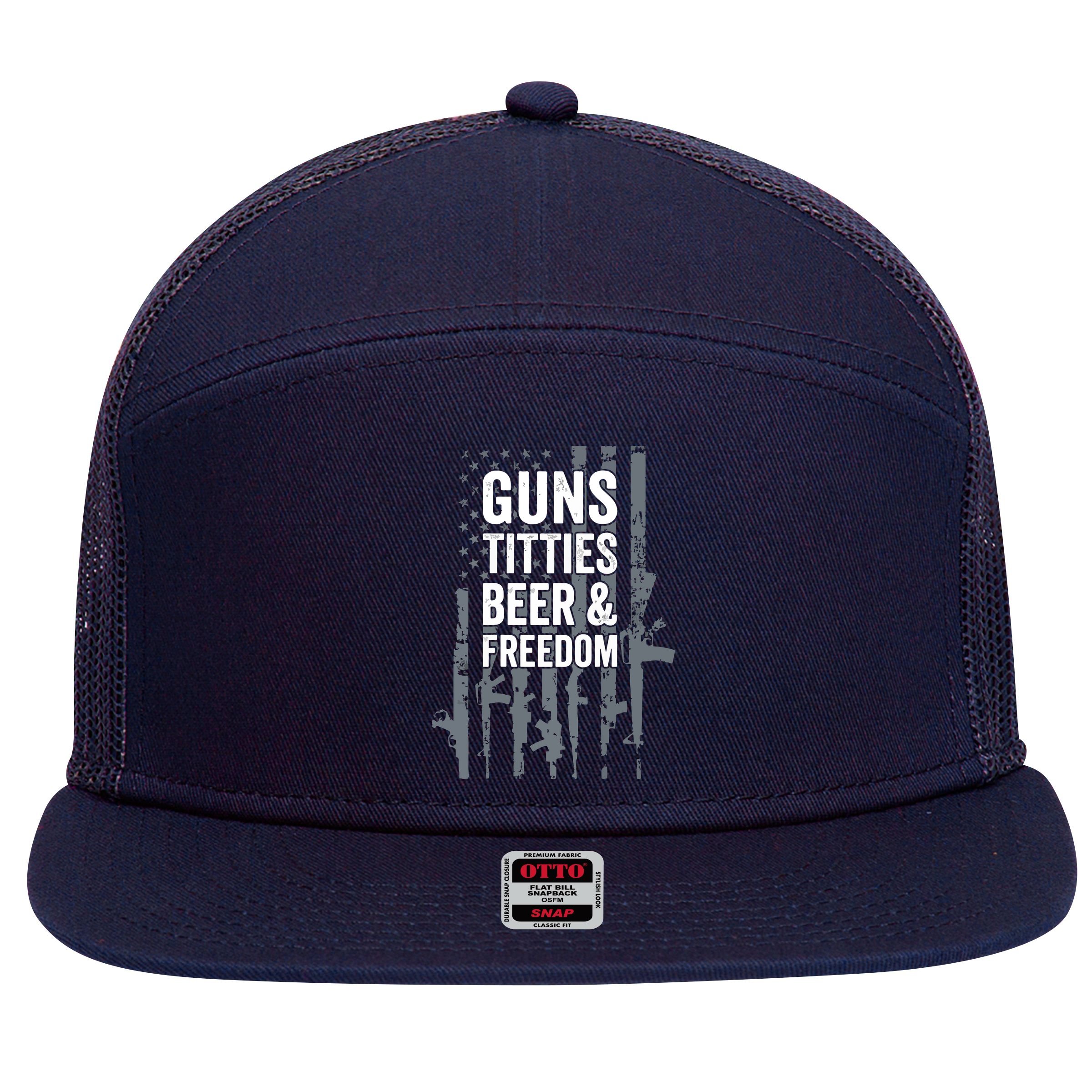 Guns Titties Beer & Freedom Funny Drinking USA Flag 7 Panel Mesh Trucker Snapback Hat